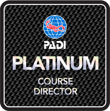 2026-03-09 Platin CD Badge - diveXellence - diveXellence PADI Platinum Course Director badge with globe logo on a patterned black background