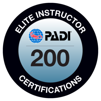 2026-04-Elite Instructor 200 Jens badge - diveXellence - diveXellence PADI Elite Instructor badge with globe logo and the number 200, surrounded by 'Elite Instructor Certifications'.